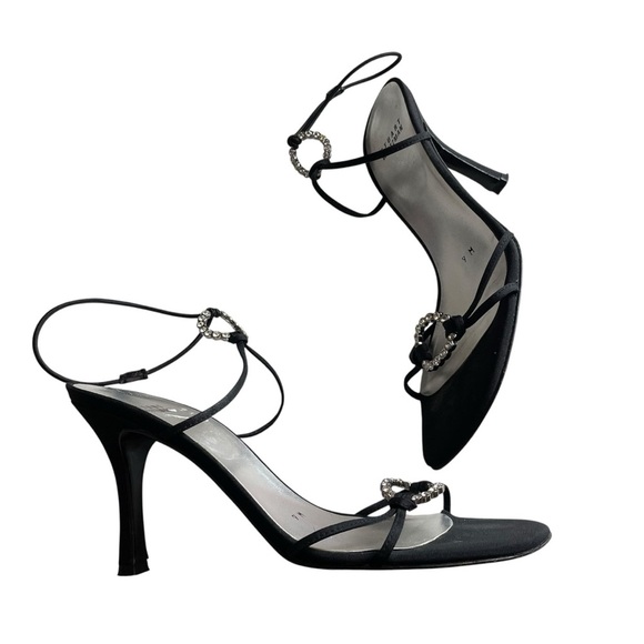 Stuart Weitzman Black Satin Rhinestone Strappy Heels Size 9M - Picture 1 of 9
